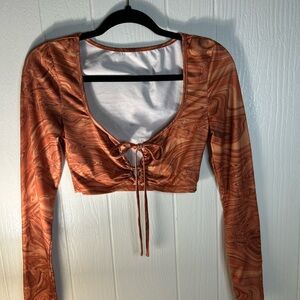 Flirla Marble Print Tie Front Crop Top